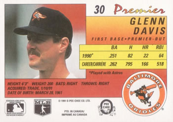 1991 O-Pee-Chee Premier #30 Glenn Davis Back