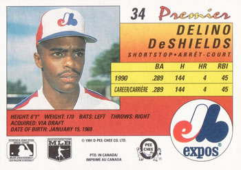 1991 O-Pee-Chee Premier #34 Delino DeShields Back