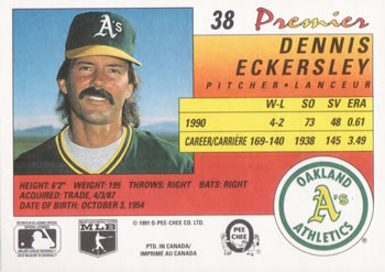 1991 O-Pee-Chee Premier #38 Dennis Eckersley Back