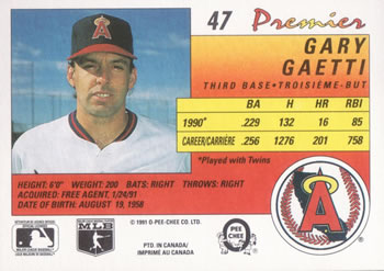 1991 O-Pee-Chee Premier #47 Gary Gaetti Back