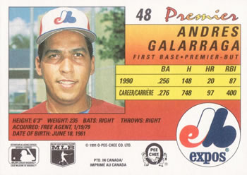 1991 O-Pee-Chee Premier #48 Andres Galarraga Back
