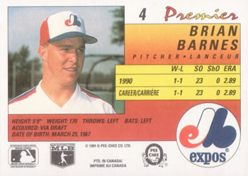 1991 O-Pee-Chee Premier #4 Brian Barnes Back