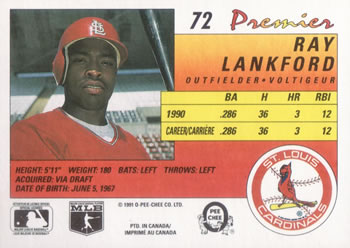 1991 O-Pee-Chee Premier #72 Ray Lankford Back