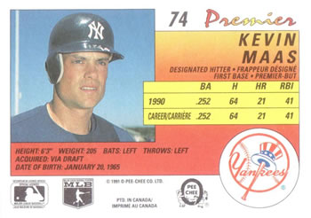 1991 O-Pee-Chee Premier #74 Kevin Maas Back