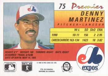 1991 O-Pee-Chee Premier #75 Denny Martinez Back