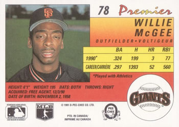 1991 O-Pee-Chee Premier #78 Willie McGee Back