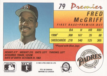 1991 O-Pee-Chee Premier #79 Fred McGriff Back