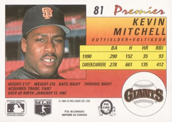 1991 O-Pee-Chee Premier #81 Kevin Mitchell Back