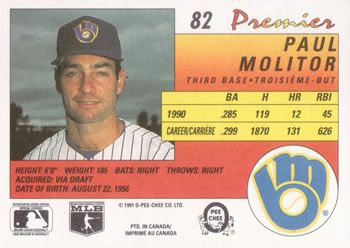 1991 O-Pee-Chee Premier #82 Paul Molitor Back