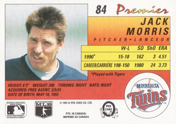 1991 O-Pee-Chee Premier #84 Jack Morris Back