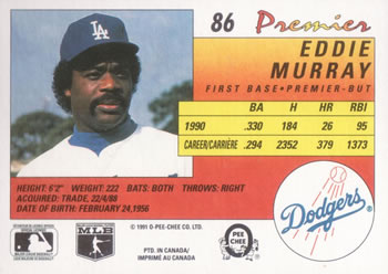 1991 O-Pee-Chee Premier #86 Eddie Murray Back