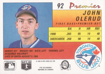 1991 O-Pee-Chee Premier #92 John Olerud Back