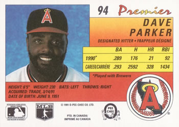 1991 O-Pee-Chee Premier #94 Dave Parker Back