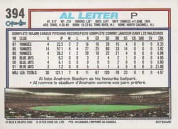 1992 O-Pee-Chee #394 Al Leiter Back