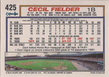 1992 O-Pee-Chee #425 Cecil Fielder Back