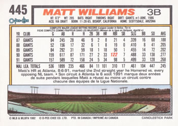1992 O-Pee-Chee #445 Matt Williams Back