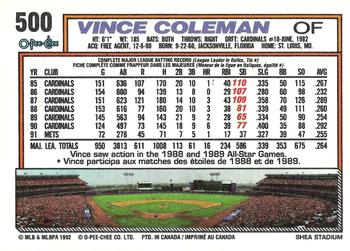 1992 O-Pee-Chee #500 Vince Coleman Back