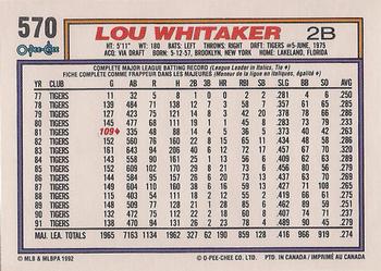 1992 O-Pee-Chee #570 Lou Whitaker Back