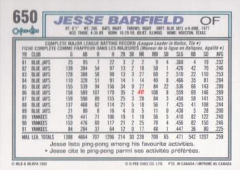 1992 O-Pee-Chee #650 Jesse Barfield Back