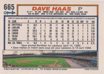 1992 O-Pee-Chee #665 Dave Haas Back