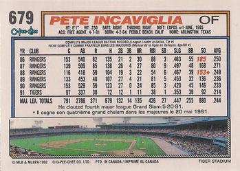 1992 O-Pee-Chee #679 Pete Incaviglia Back