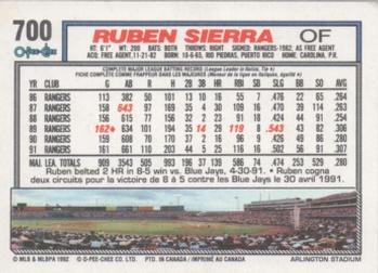 1992 O-Pee-Chee #700 Ruben Sierra Back