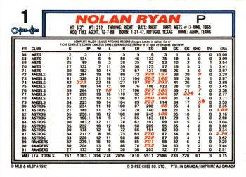 1992 O-Pee-Chee #1 Nolan Ryan Back