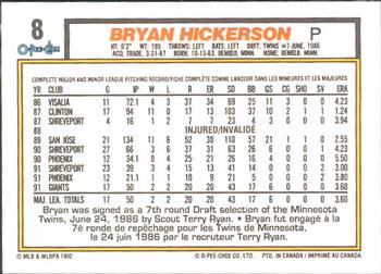 1992 O-Pee-Chee #8 Bryan Hickerson Back