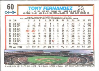 1992 O-Pee-Chee #60 Tony Fernandez Back