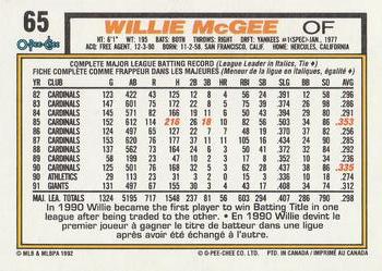 1992 O-Pee-Chee #65 Willie McGee Back