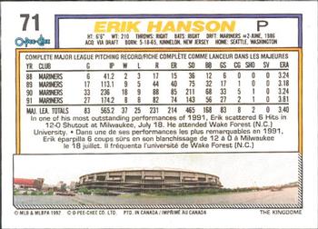 1992 O-Pee-Chee #71 Erik Hanson Back