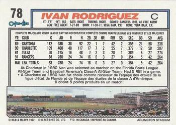 1992 O-Pee-Chee #78 Ivan Rodriguez Back