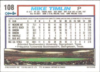 1992 O-Pee-Chee #108 Mike Timlin Back