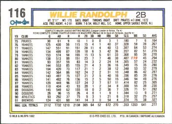 1992 O-Pee-Chee #116 Willie Randolph Back