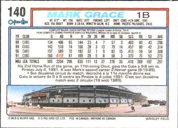 1992 O-Pee-Chee #140 Mark Grace Back