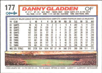 1992 O-Pee-Chee #177 Danny Gladden Back