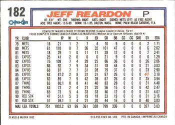 1992 O-Pee-Chee #182 Jeff Reardon Back