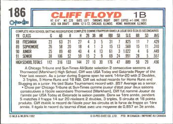 1992 O-Pee-Chee #186 Cliff Floyd Back