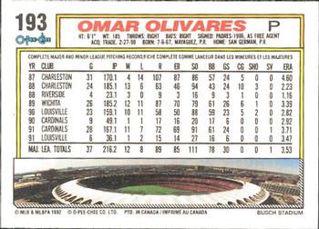 1992 O-Pee-Chee #193 Omar Olivares Back
