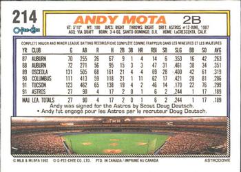 1992 O-Pee-Chee #214 Andy Mota Back