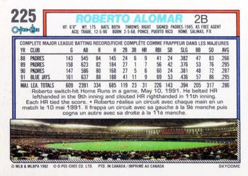1992 O-Pee-Chee #225 Roberto Alomar Back