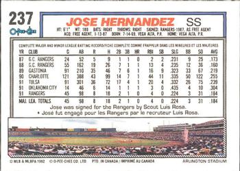 1992 O-Pee-Chee #237 Jose Hernandez Back
