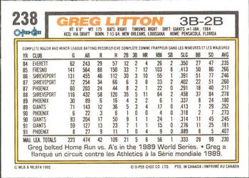 1992 O-Pee-Chee #238 Greg Litton Back