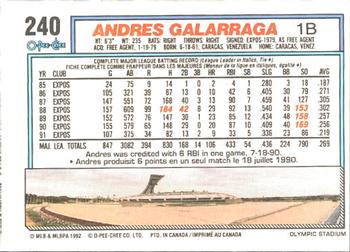 1992 O-Pee-Chee #240 Andres Galarraga Back