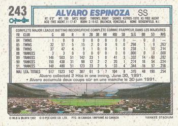 1992 O-Pee-Chee #243 Alvaro Espinoza Back