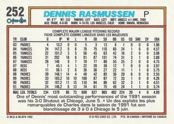 1992 O-Pee-Chee #252 Dennis Rasmussen Back