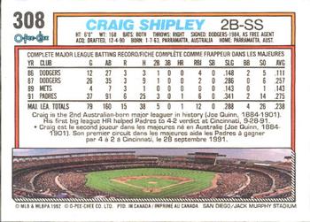 1992 O-Pee-Chee #308 Craig Shipley Back