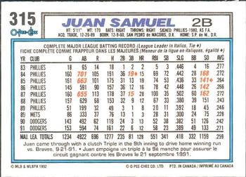 1992 O-Pee-Chee #315 Juan Samuel Back