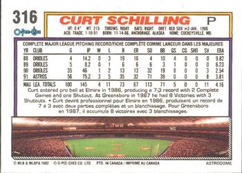 1992 O-Pee-Chee #316 Curt Schilling Back