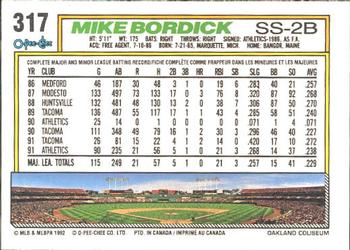 1992 O-Pee-Chee #317 Mike Bordick Back